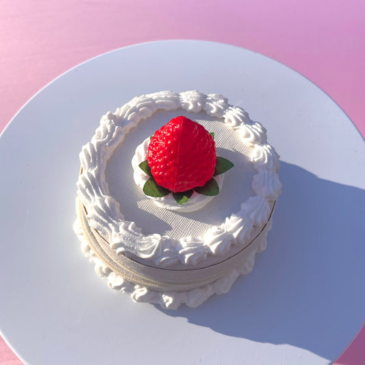 White Strawberry Zippered Faux Cake Jewelry Box